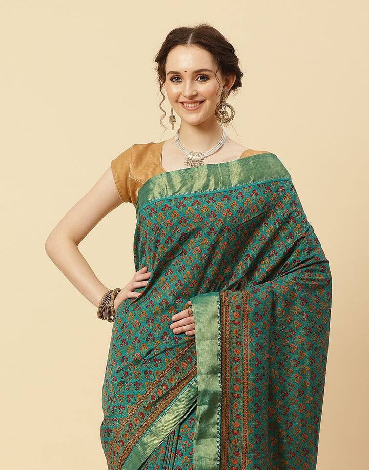 Printed Art Handloom Dupion Zari Booti Border Saree
