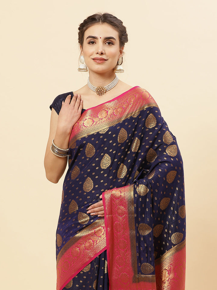 Zari Border Booti Art Handloom Saree With Running Blouse