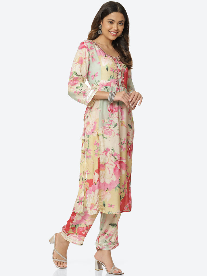 Floral Printed Muslin Kurta With Pant &amp; Dupatta