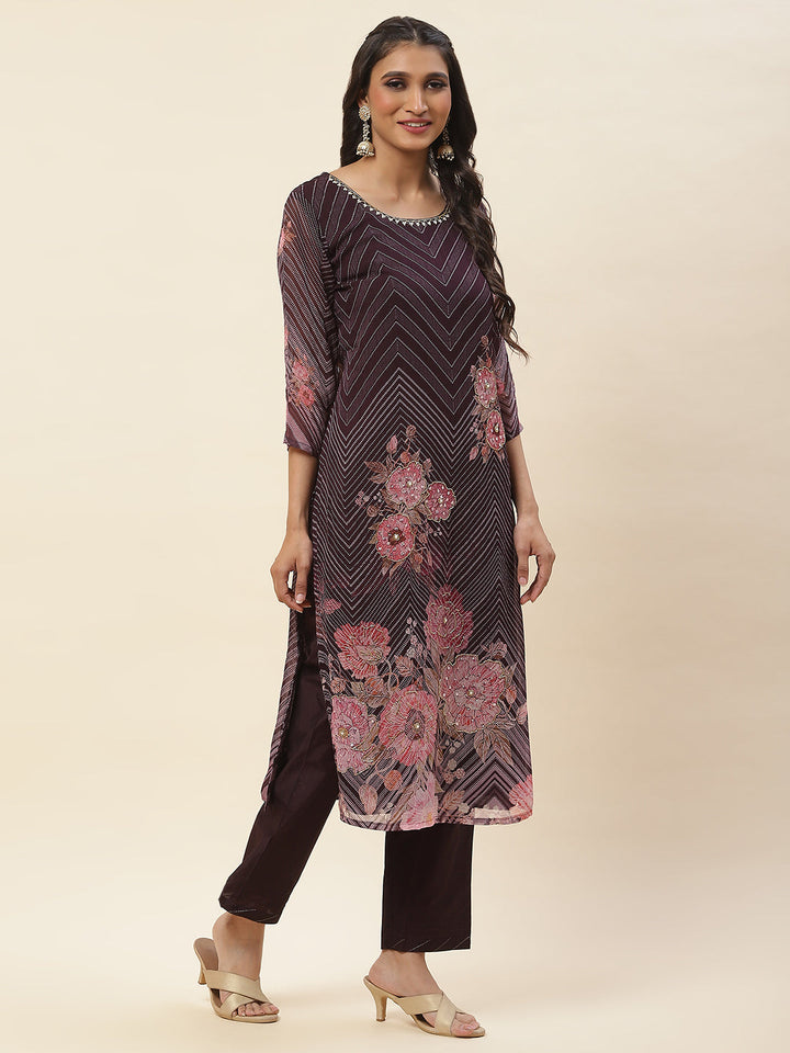 Floral Printed Georgette Kurta With Pants &amp; Dupatta