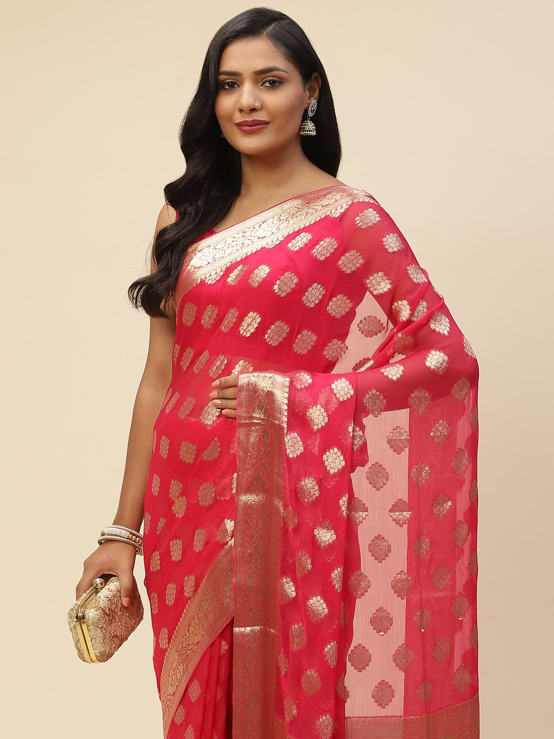 Zari Booti Chiffon Plain Saree