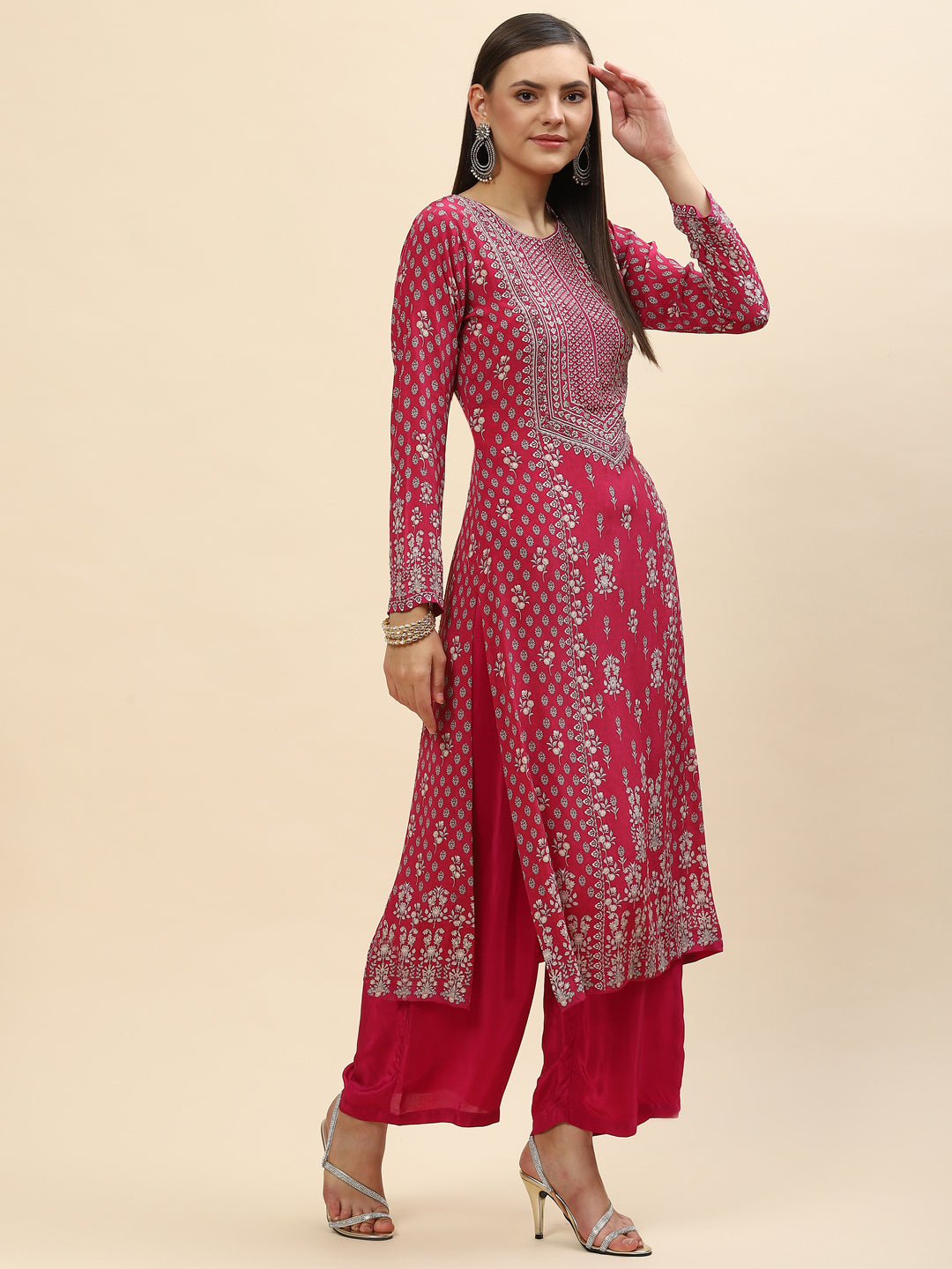 Floral Digital Printed Crepe Kurta With Palazzo &amp; Net Dupatta