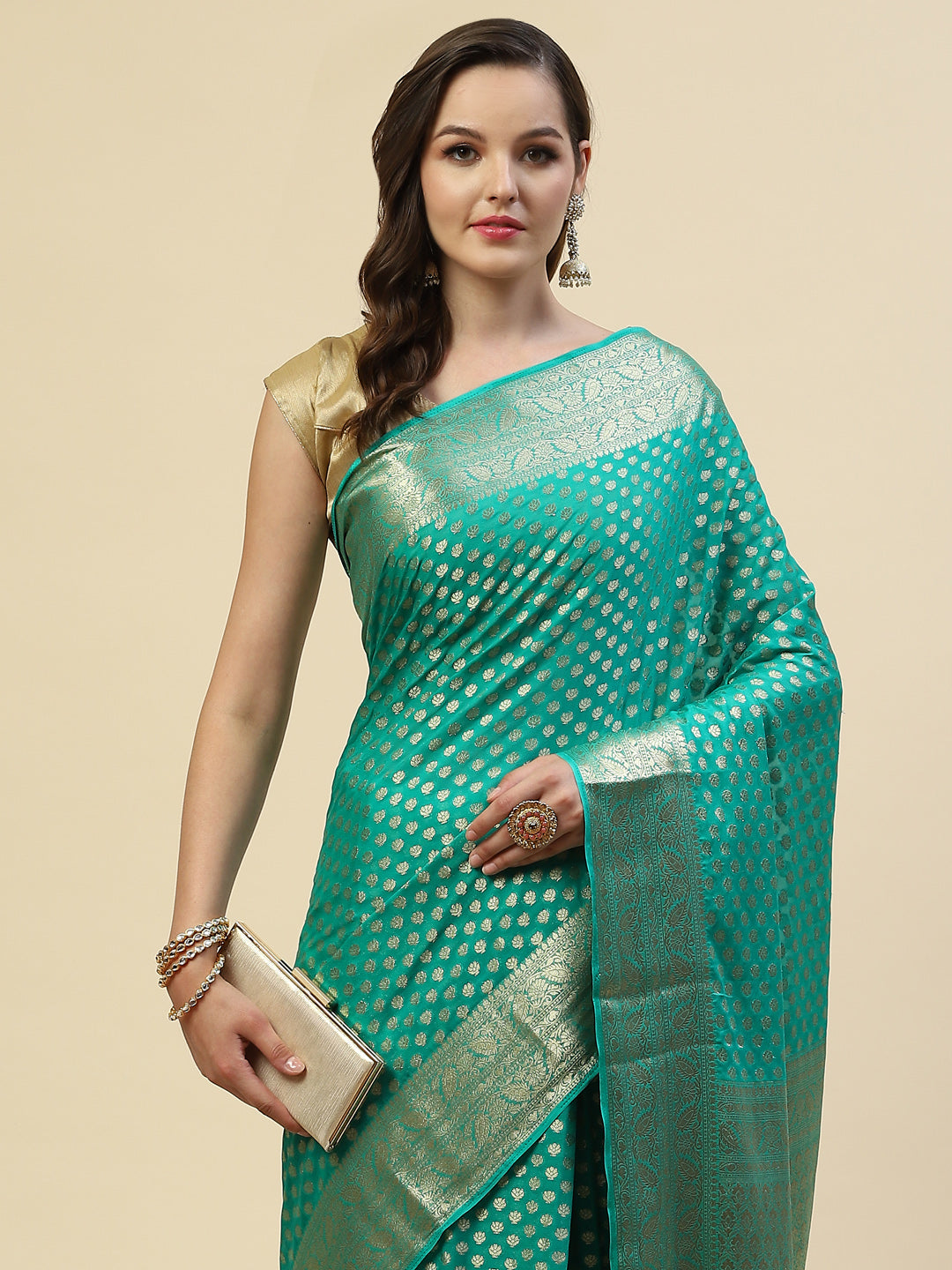 Zari Border Booti Georgette Plain Saree