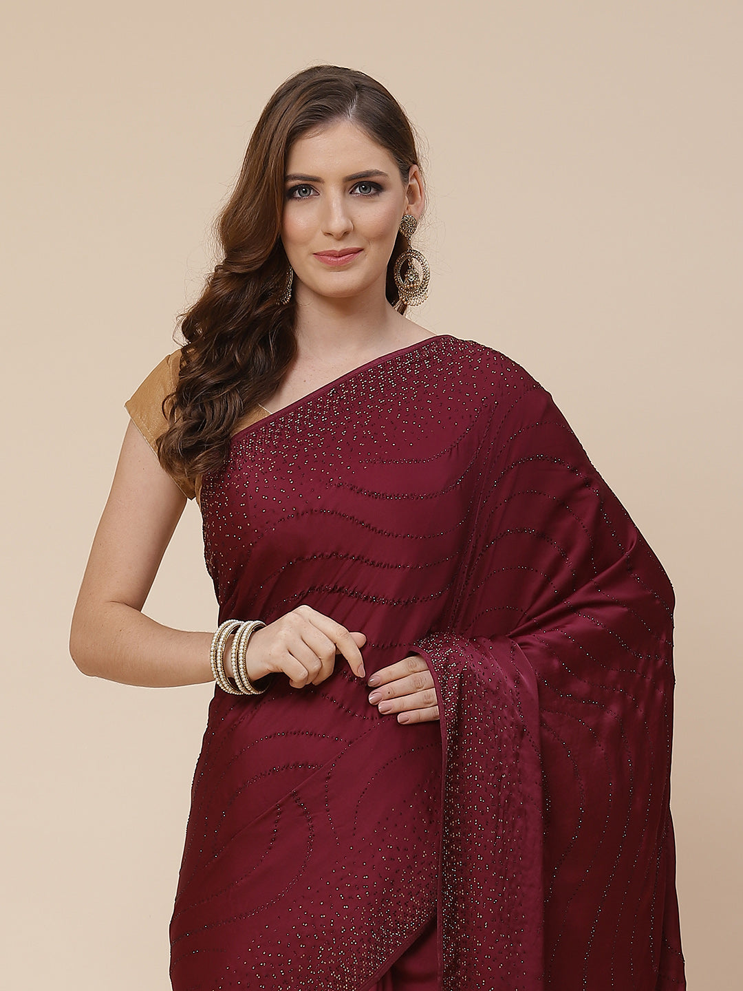 Stone Work Handloom Pure Satin Embroidered Saree
