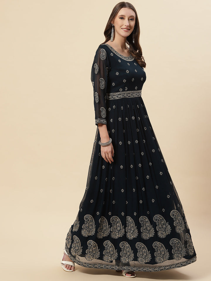 Resham Zari Embroidered Georgette Anarkali Kurta With Churidar &amp; Dupatta