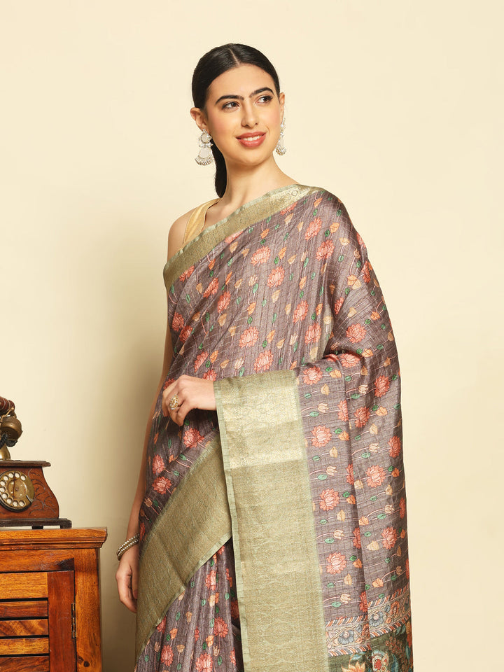 Digital Floral Printed Tussar Saree