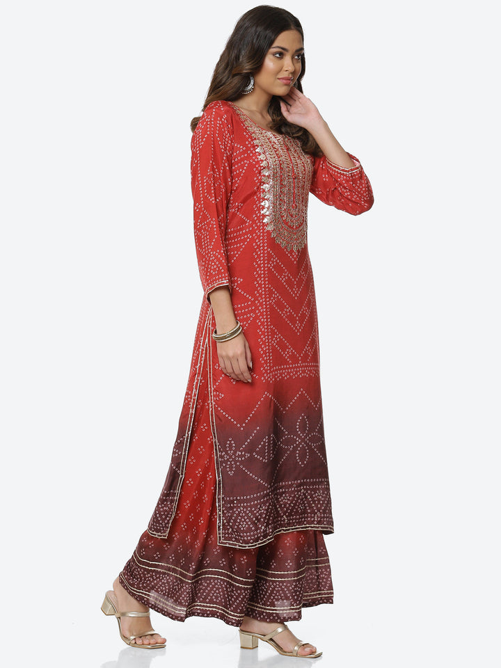 Printed Gota Neck Cotton Kurta With Palazzo &amp; Dupatta