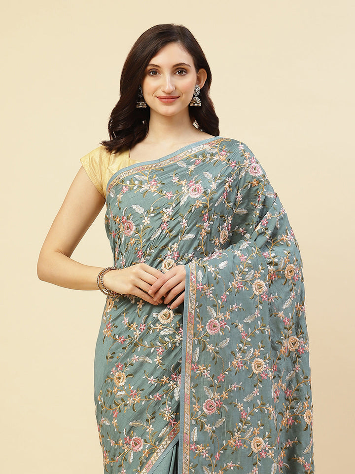 Thread Work Embroidered Art Tussar Saree