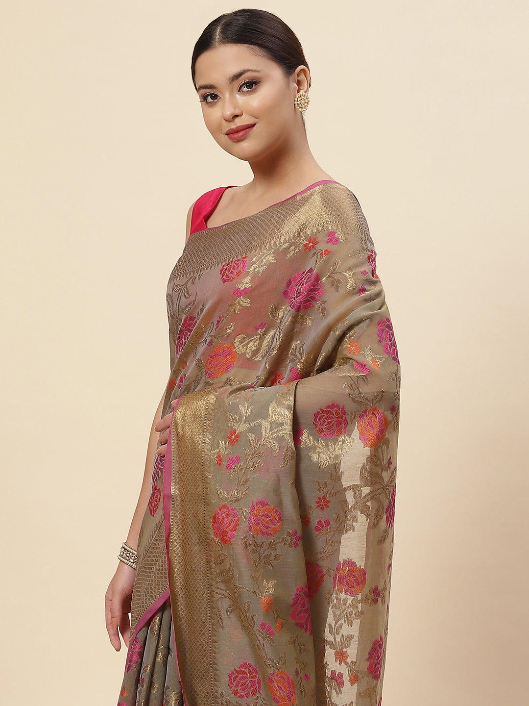 Floral Zari Jaal Cotton Woven Saree