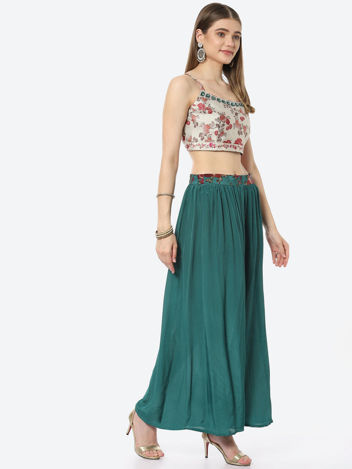 Digital Floral Printed Crepe Crop Top With Sharara &amp; Jacket