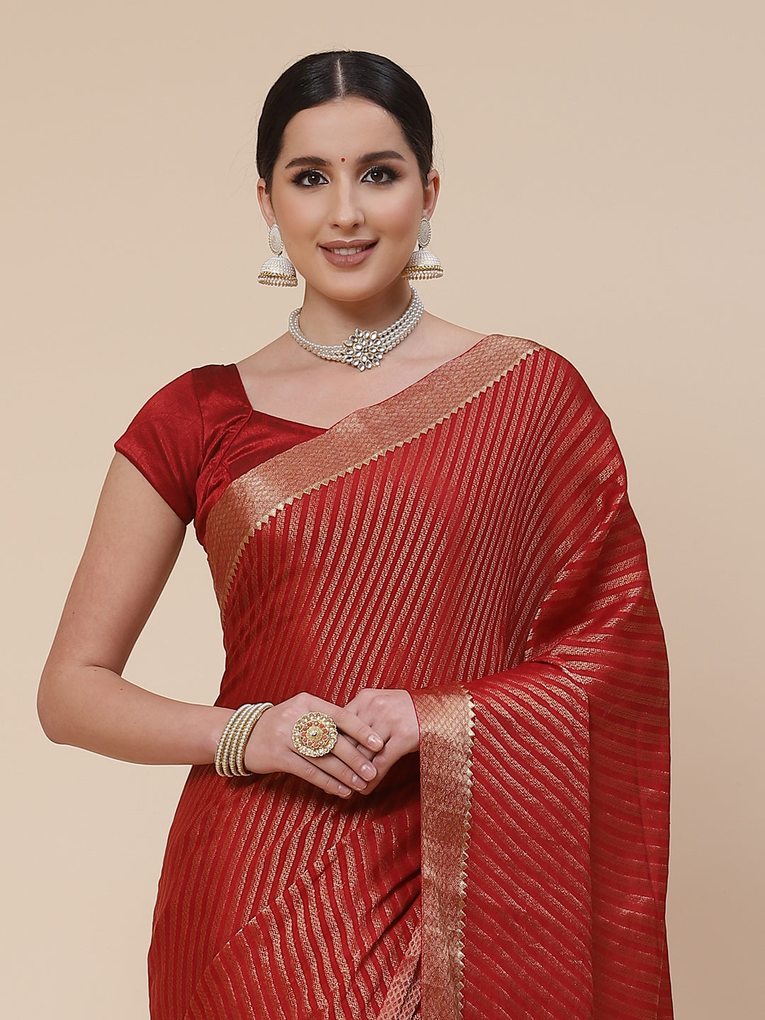 Striped Brocade Georgette Plain Saree