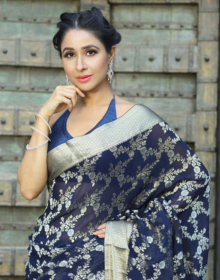 MBZ Meena Bazaar-Silver Zari Jaal Georgette Saree