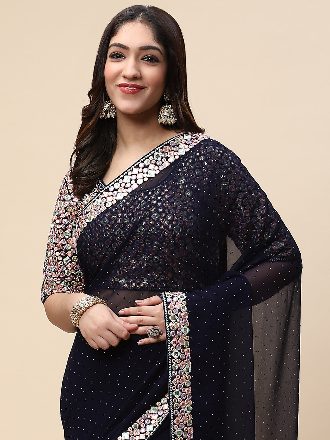 Plain Embroidered Georgette Saree