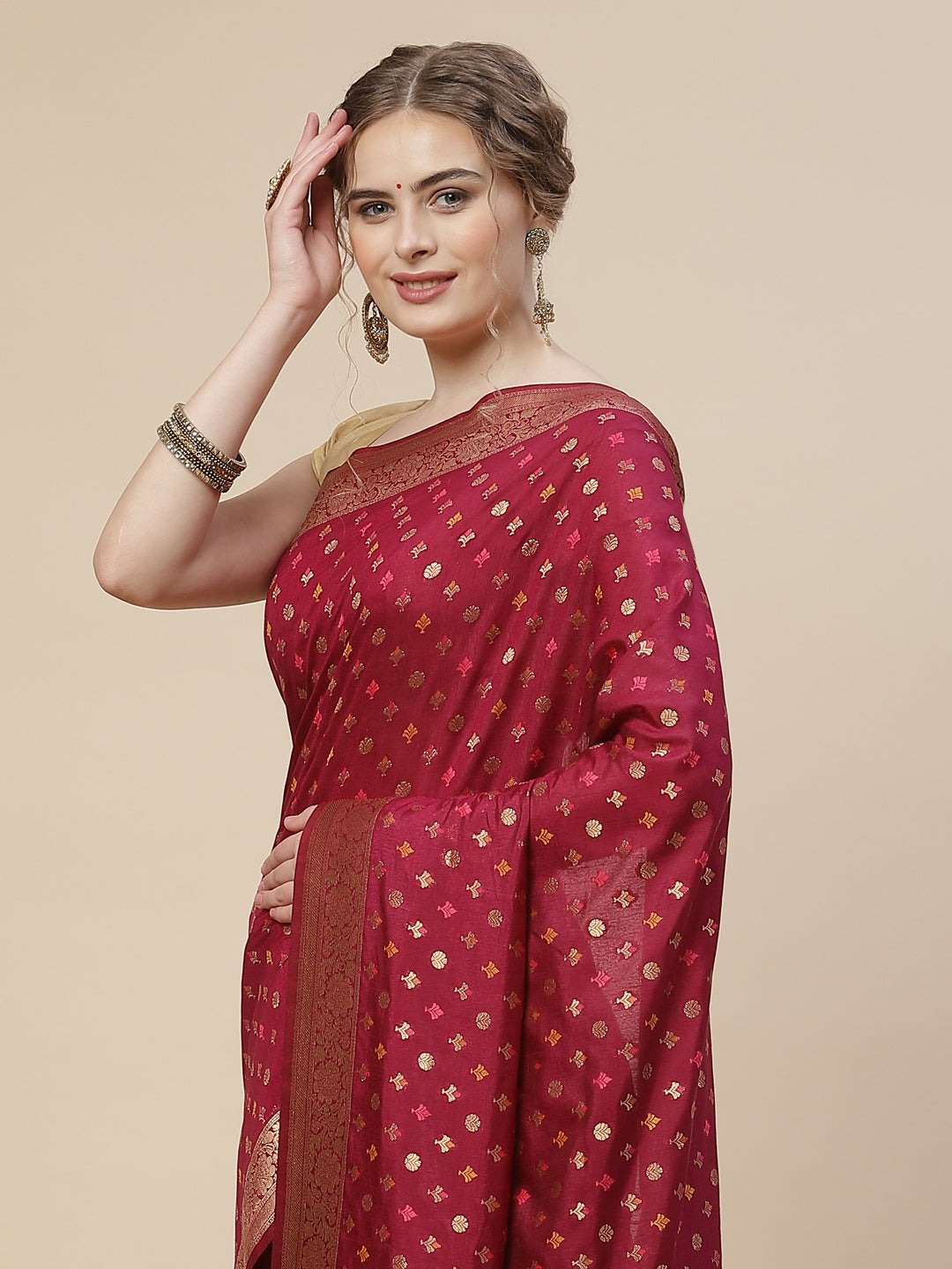 Brocade Zari Booti Art Handloom Woven Saree
