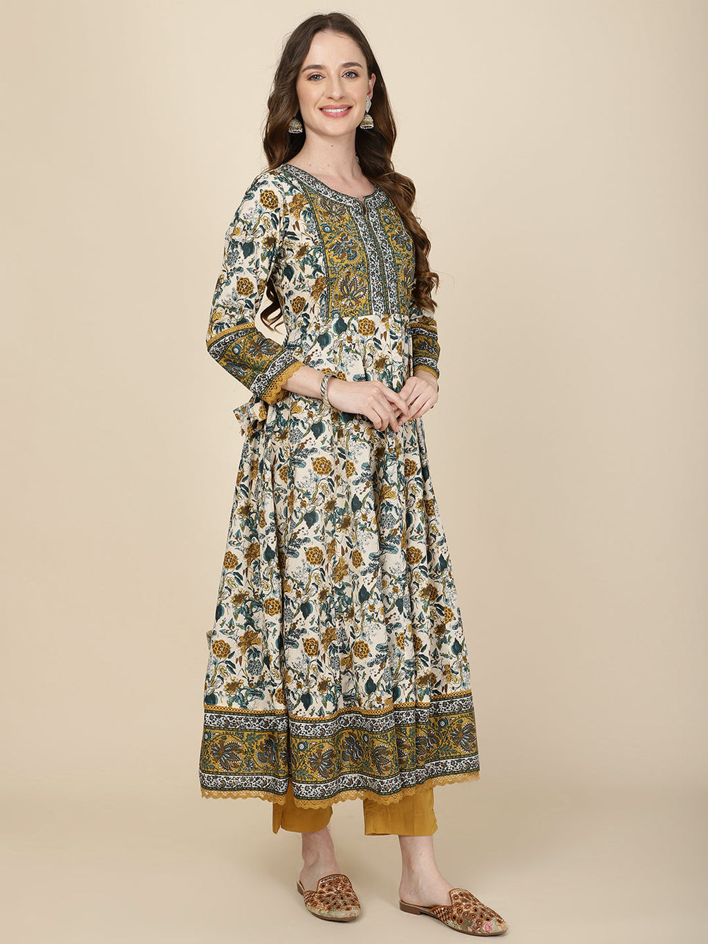 Floral Printed Cotton Kurta With Pants & Dupatta