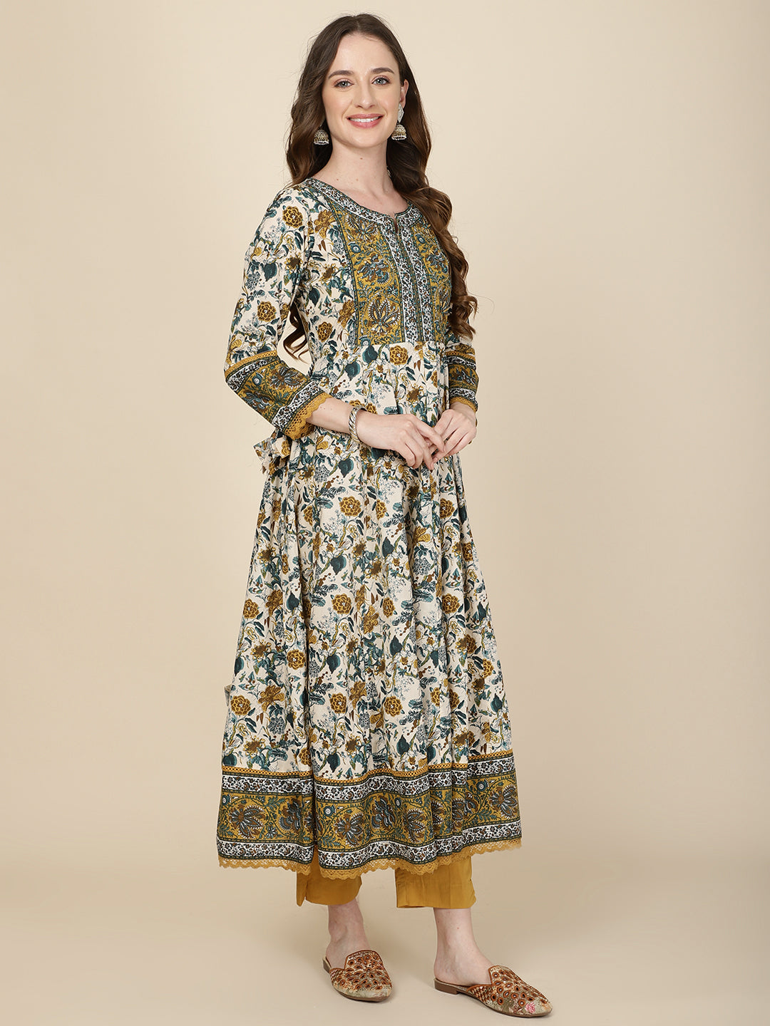 Floral Printed Cotton Kurta With Pants & Dupatta