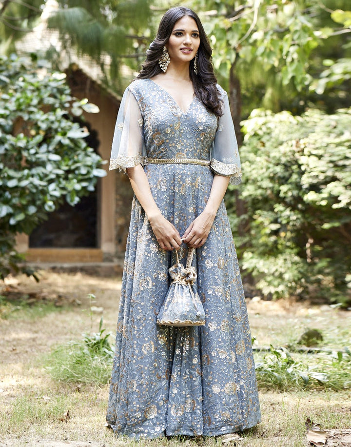 MBZ Meena Bazaar-Grey Georgette Long Dress