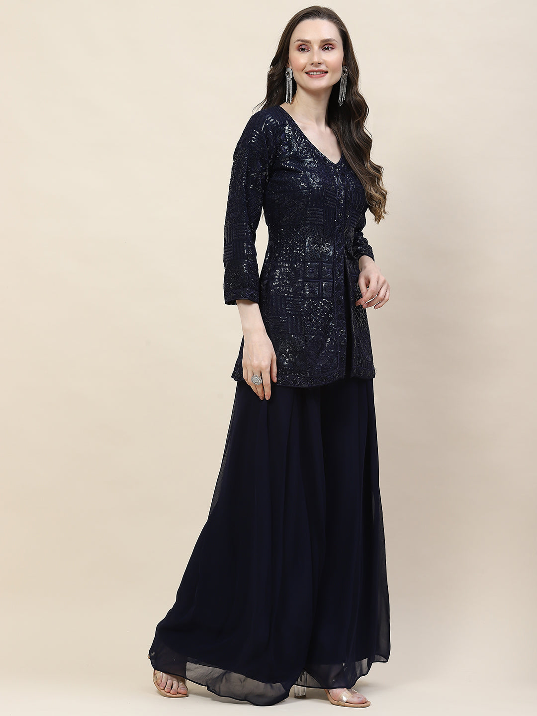 Sequin Embroidery Georgette Kurti With Palazzo &amp; Dupatta
