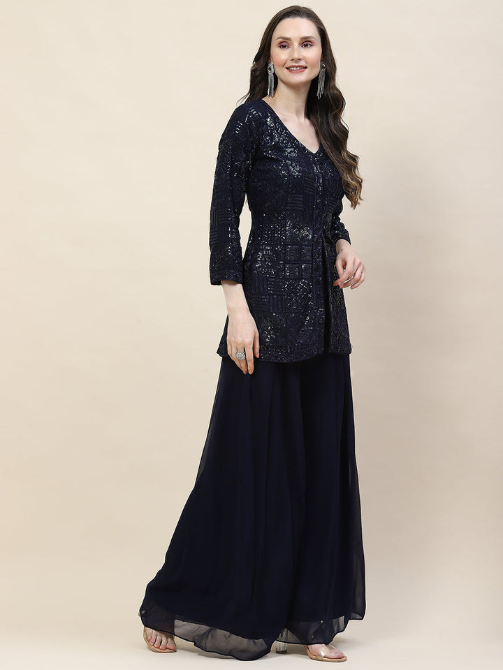 Sequin Embroidery Georgette Kurti With Palazzo &amp; Dupatta