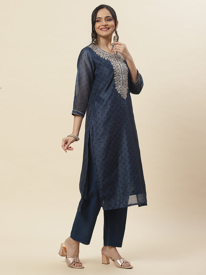 Printed &amp; Neck Embroidered Chanderi Kurta With Pants &amp; Dupatta