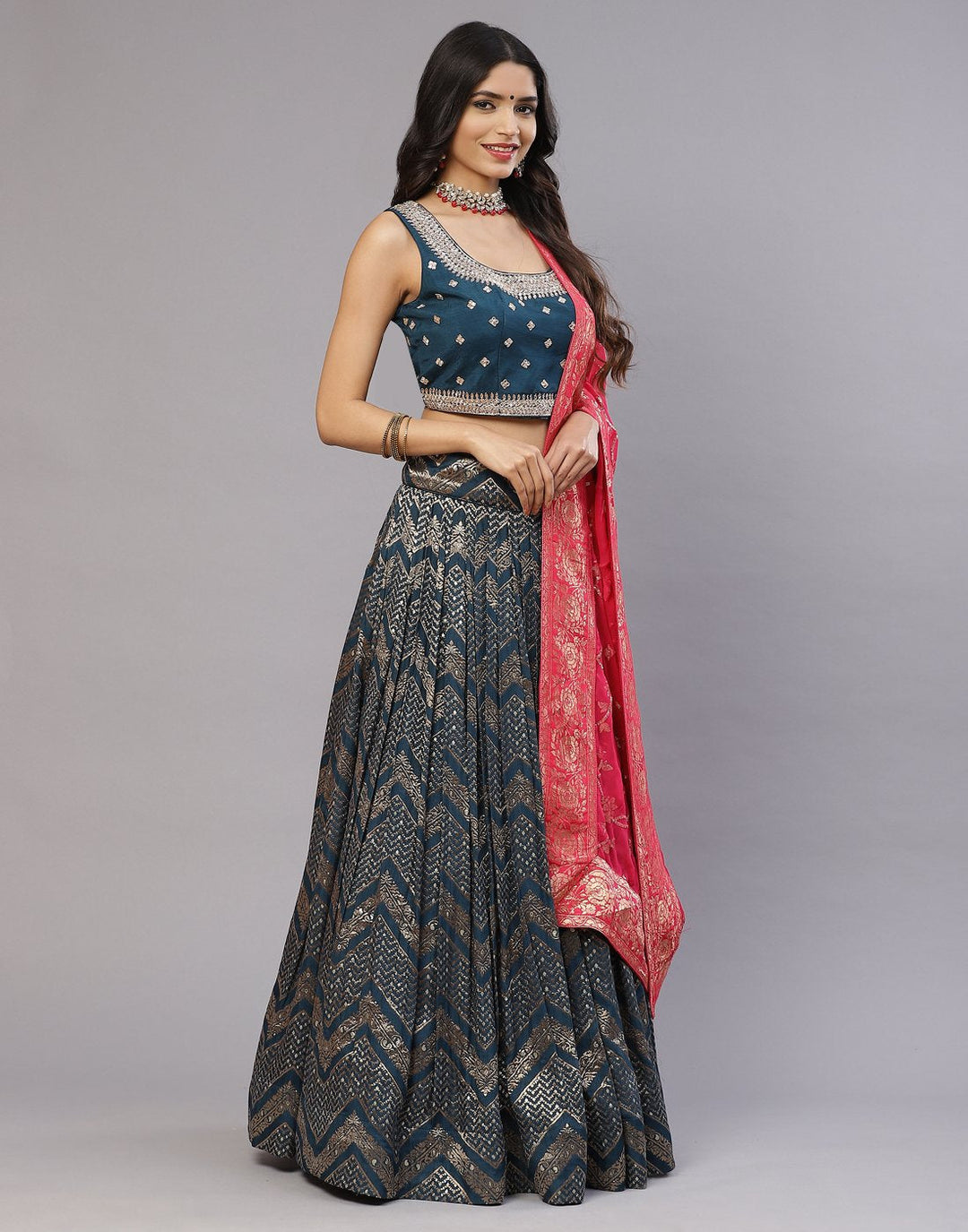 Teal Blue Handloom Dupion Laacha with Contrast dupatta