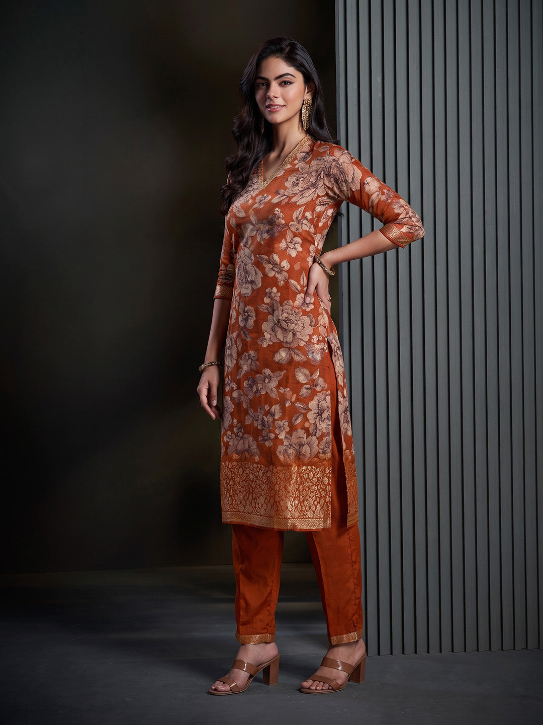 Rust Printed Art Silk Kurta With Pant & Dupatta