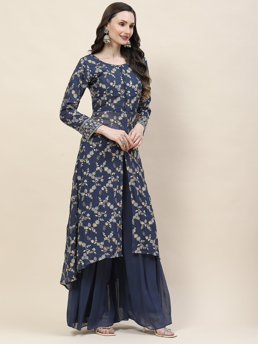 Resham Sequin Embroidery Georgette Kurta With Sharara &amp; Dupatta