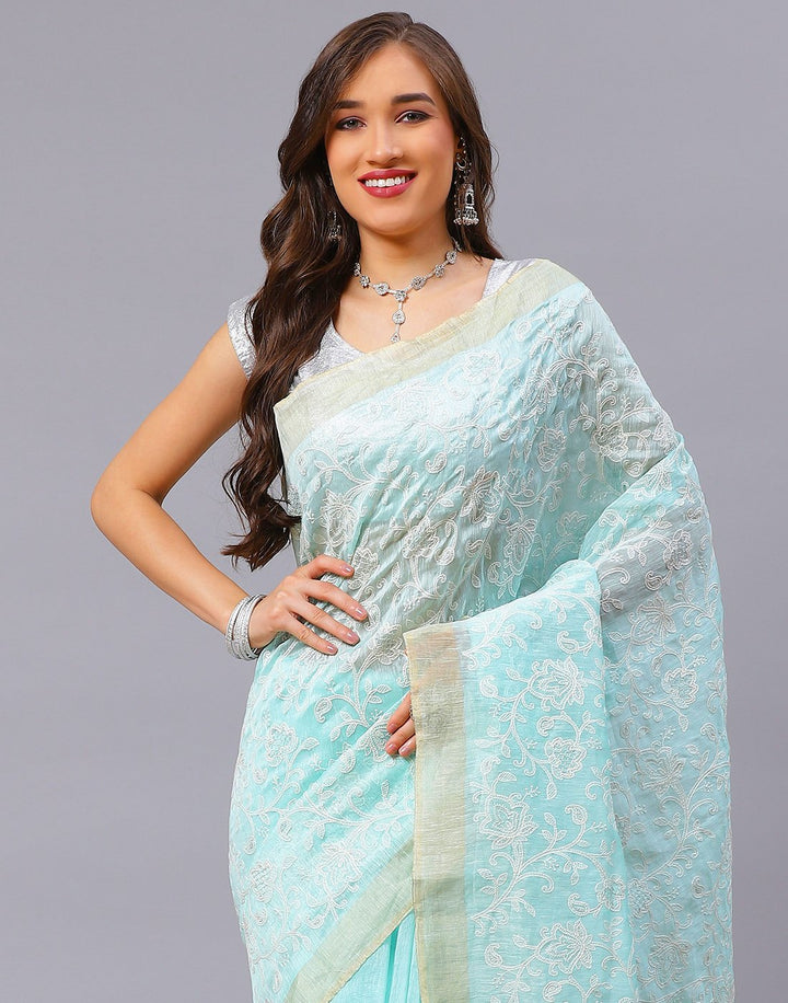 Embroidery Firozee and Grey Saree