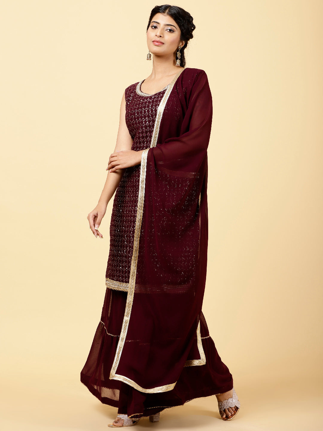 Sequin Embroidered Georgette Kurta With Garara &amp; Dupatta
