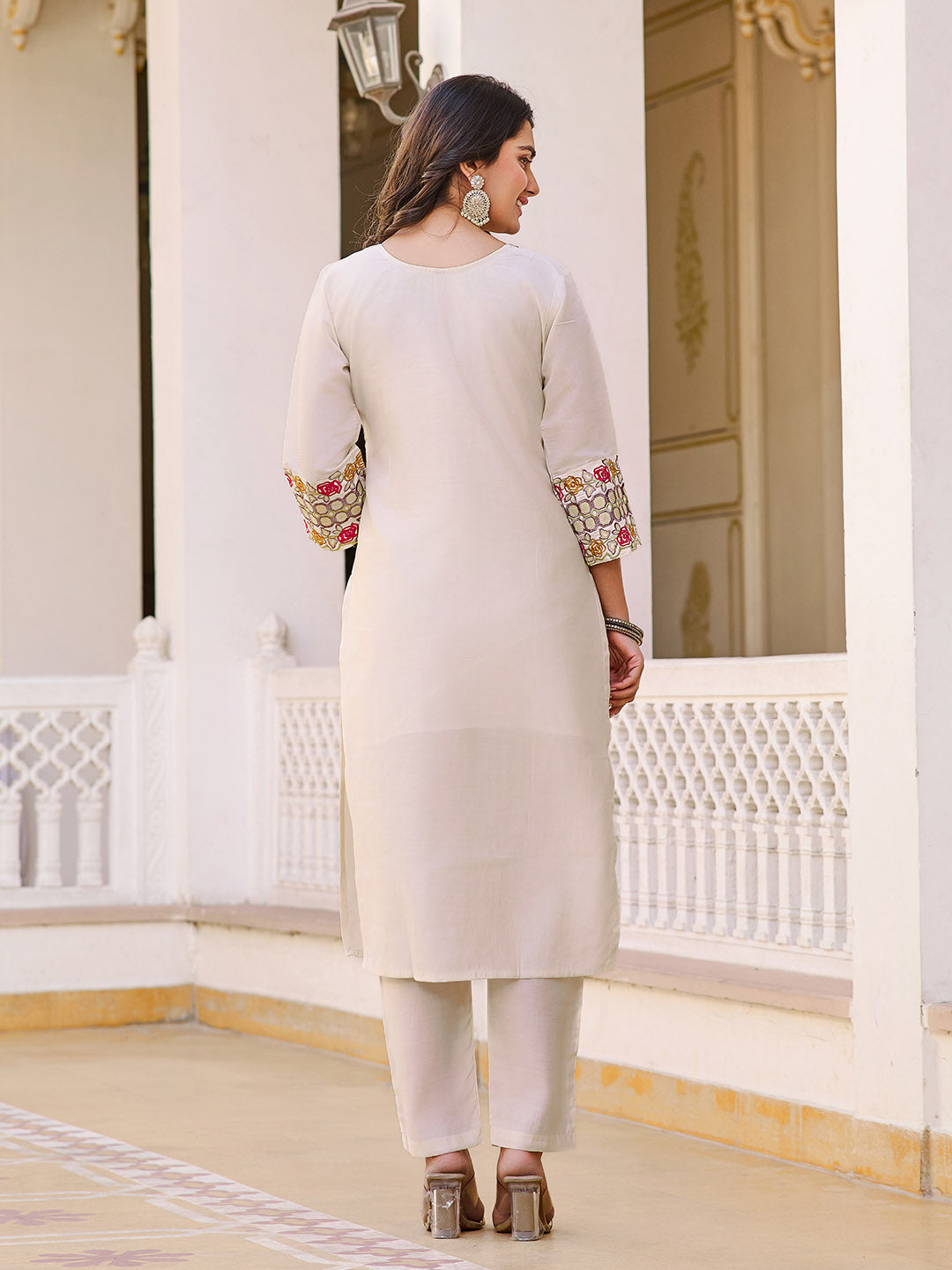 Neck Embroidery Cotton Blend Kurta With Pants &amp; Dupatta