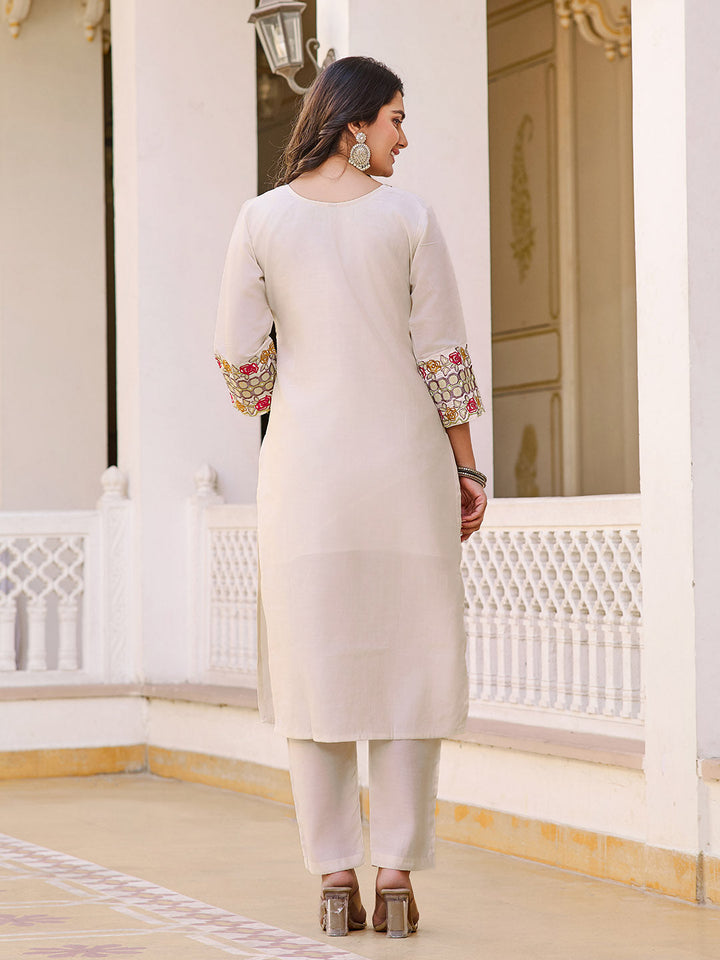 Neck Embroidery Cotton Blend Kurta With Pants &amp; Dupatta