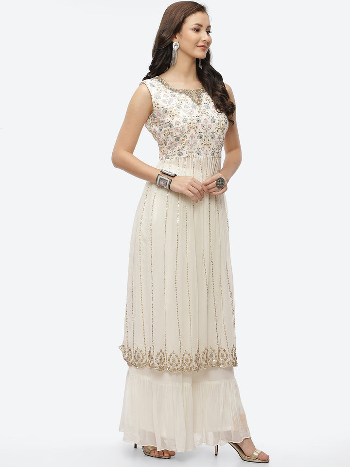Zari Embroidered Georgette Kurta With Palazzo &amp; Dupatta