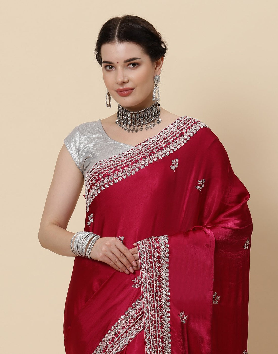 Embroidered Satin Saree