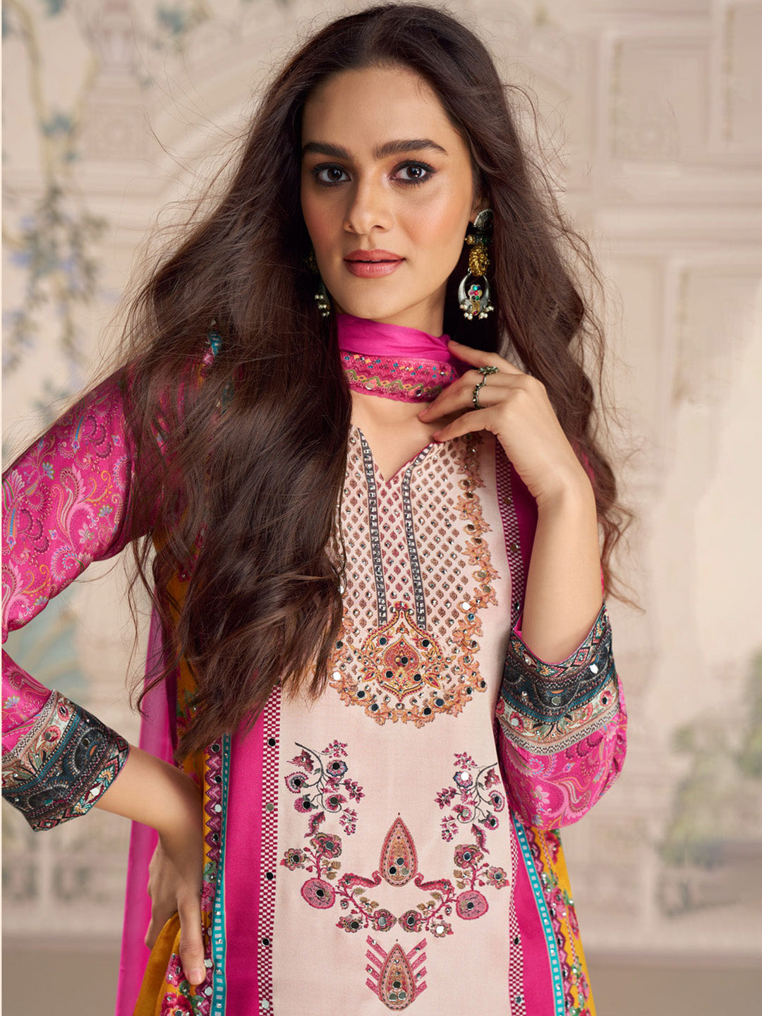 Embroidered Crepe Kurti With Plazzo &amp; Dupatta