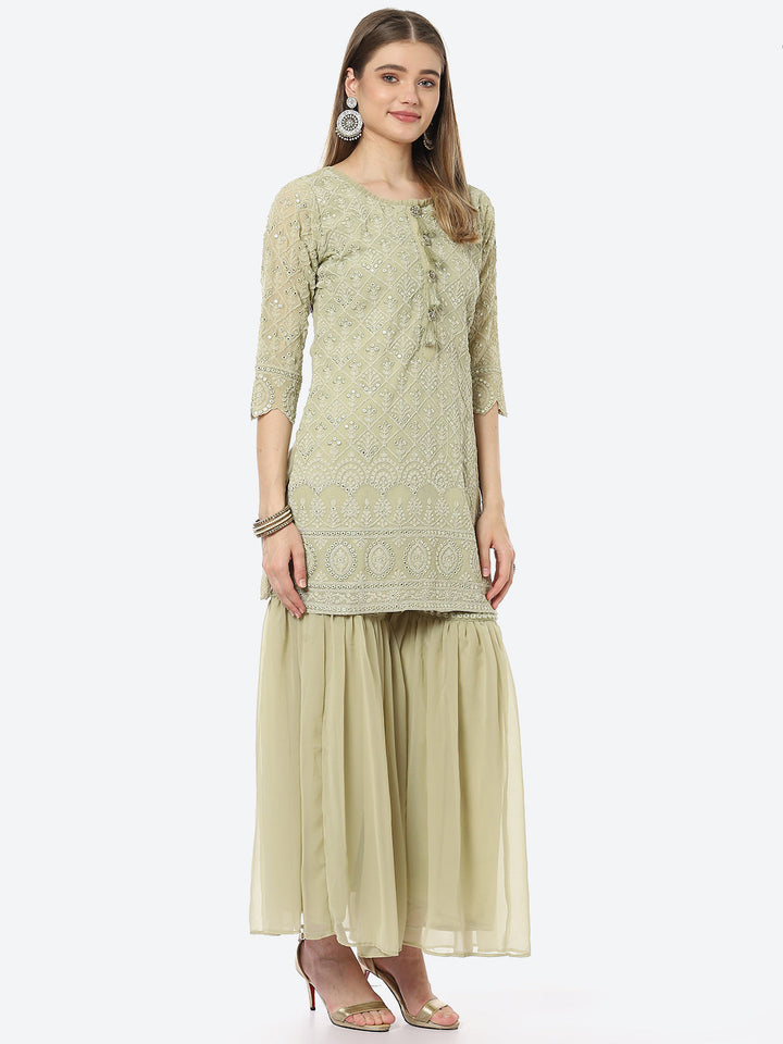 Resham Jaal Georgette Kurta With Garara &amp; Chiffon Dupatta