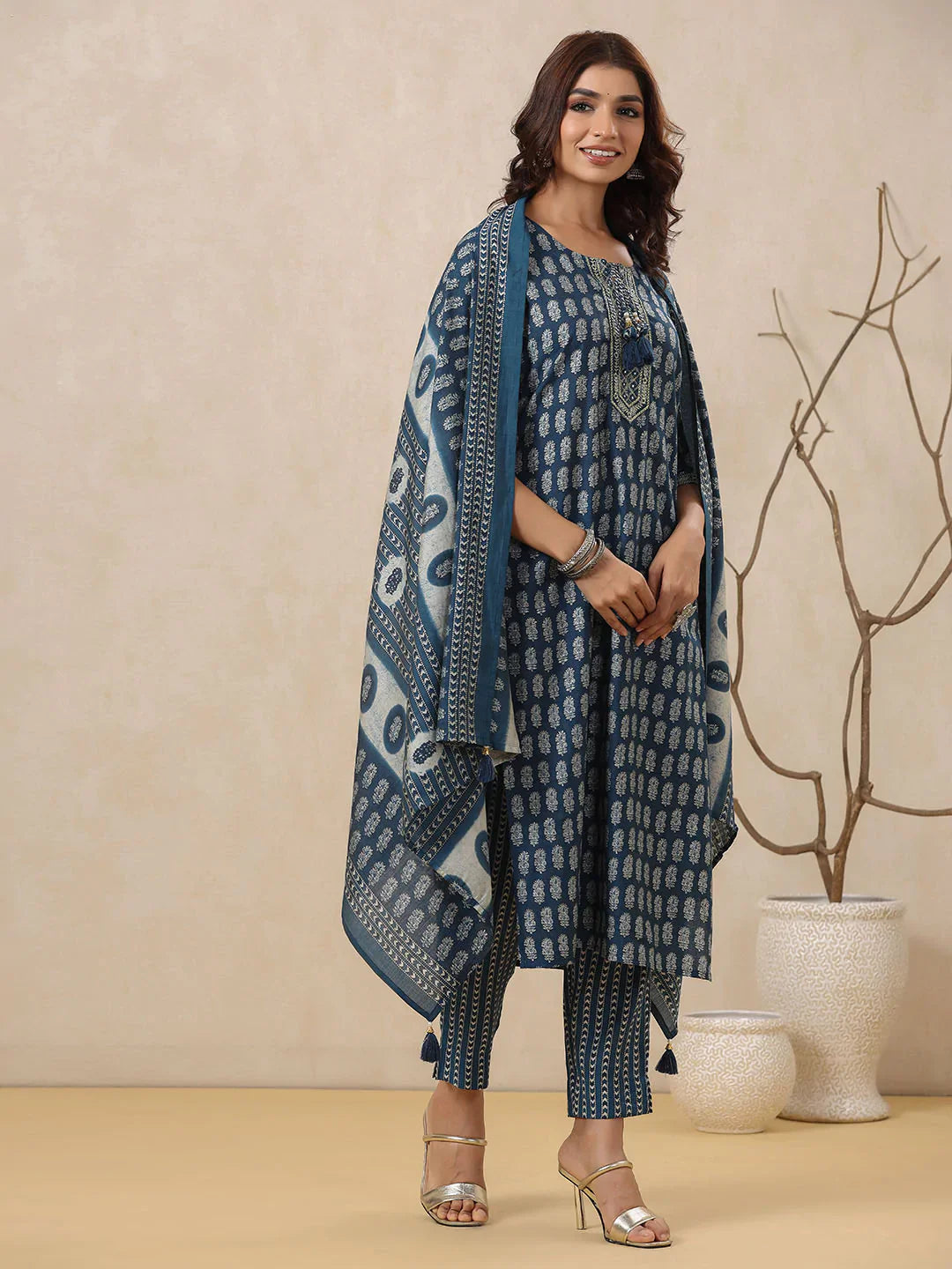 Block Printed Muslin Kurta With Pants &amp; Dupatta