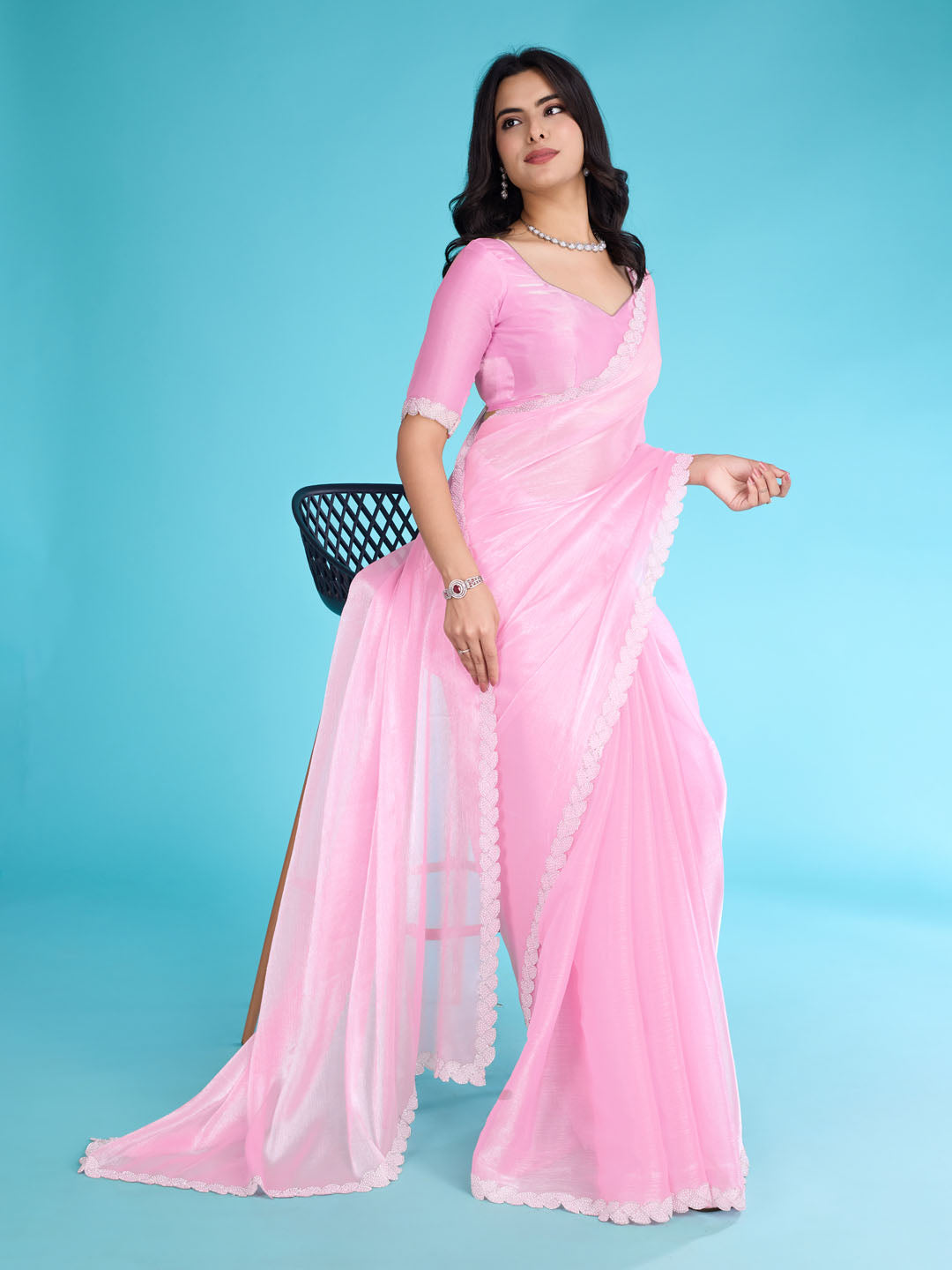 Stone Work Border Chiffon Saree