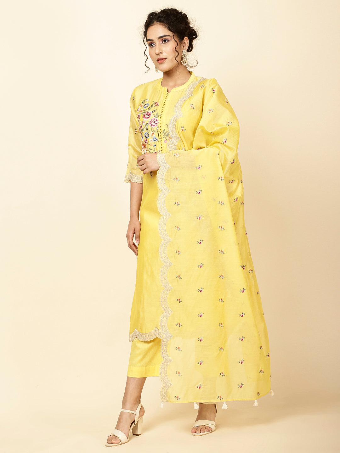 Floral Embroidered Chanderi Kurta With Pants &amp; Dupatta
