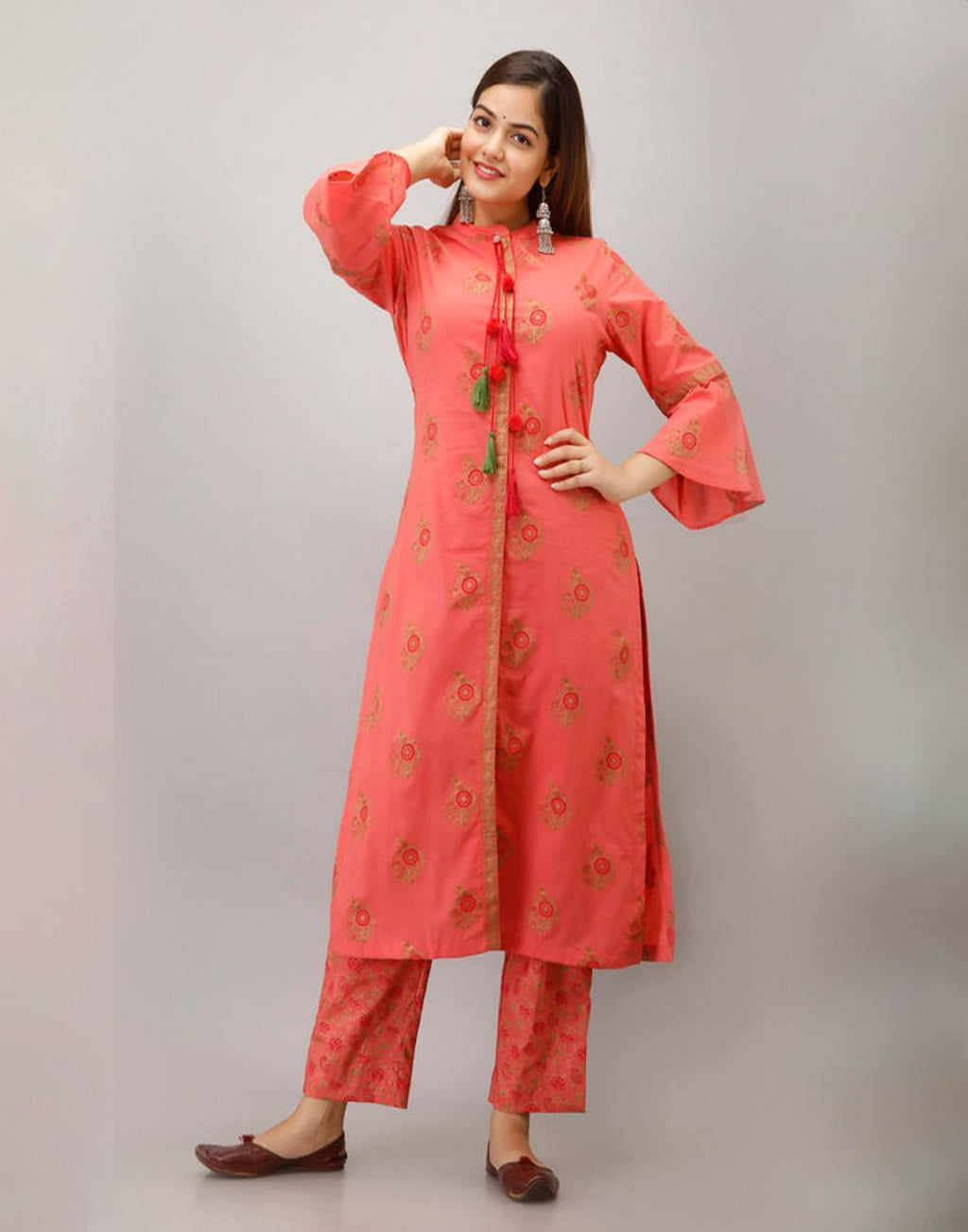 Printed Cotton Kurti And Pant With Bell Sleeves