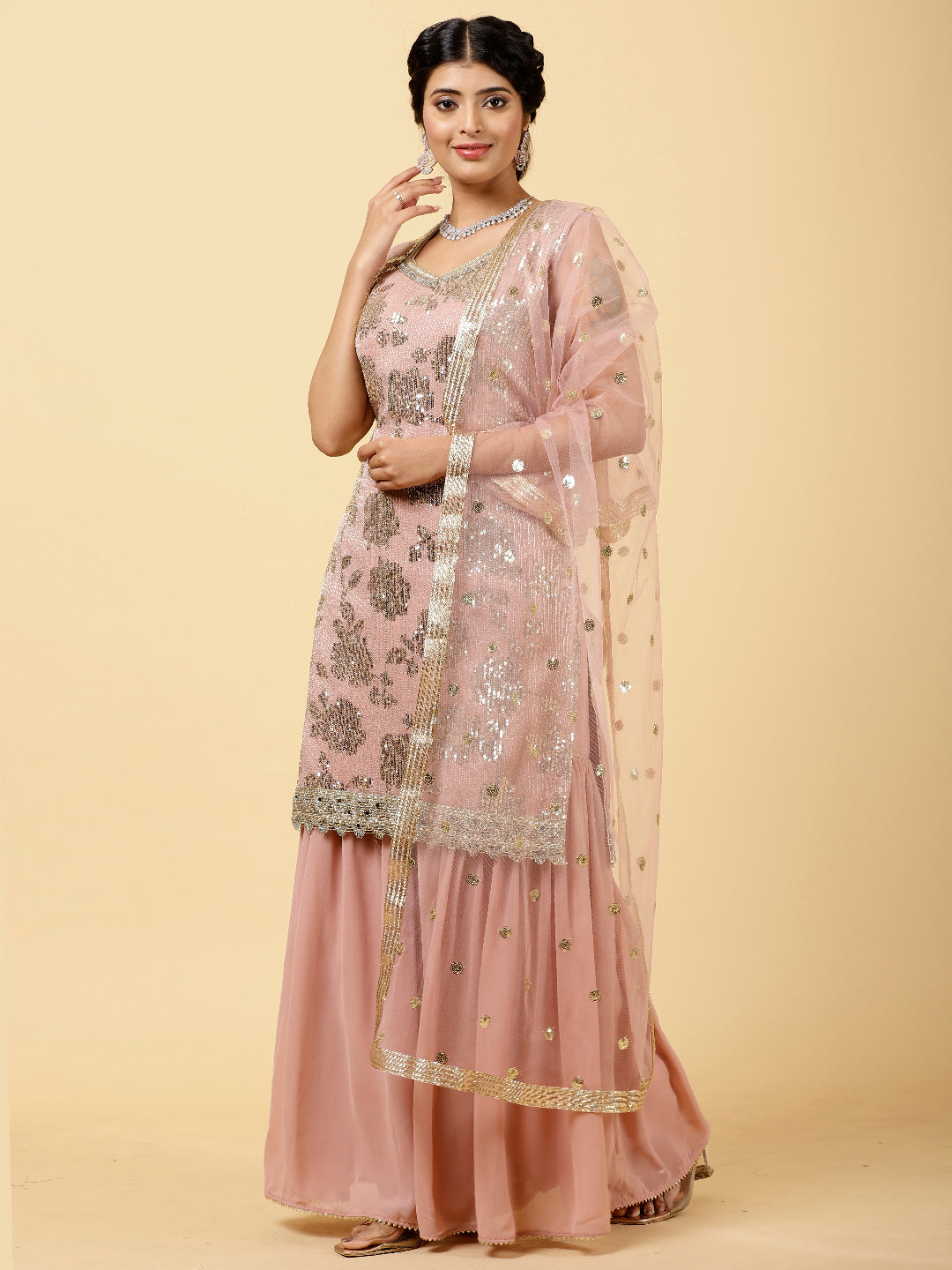 Sequin Georgette Kurta With Garara &amp; Dupatta