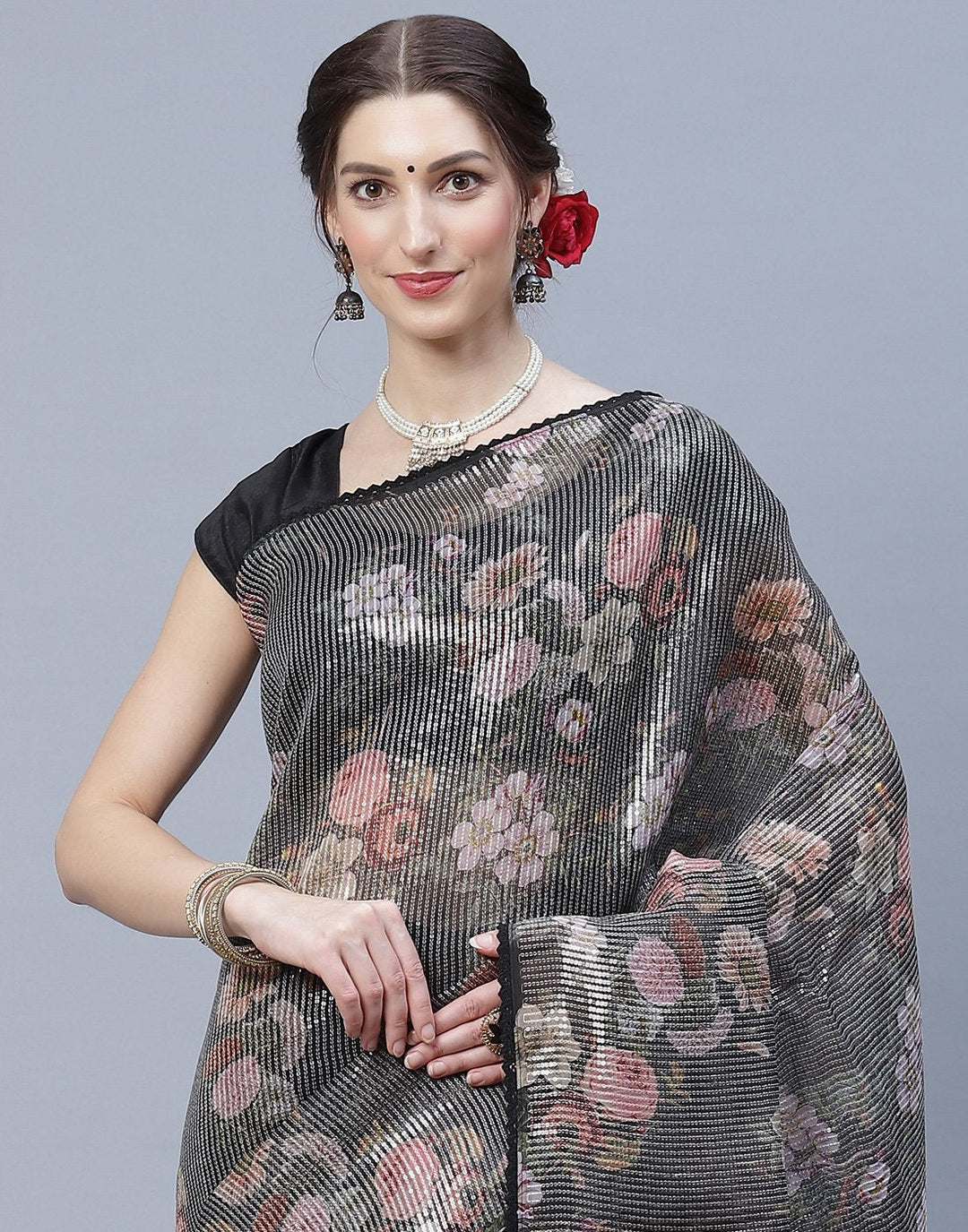 Beautiful Floral Printed  Organza Saree with Sequence Work