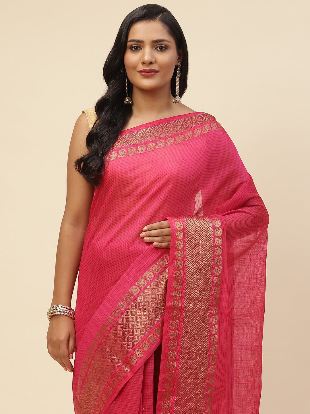 Plain Zari Border Cotton Woven Saree