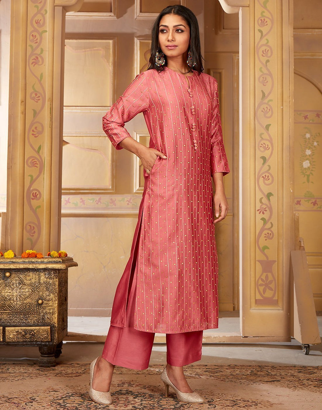Straight Chanderi Cotton Kurta with Plazzo Pants