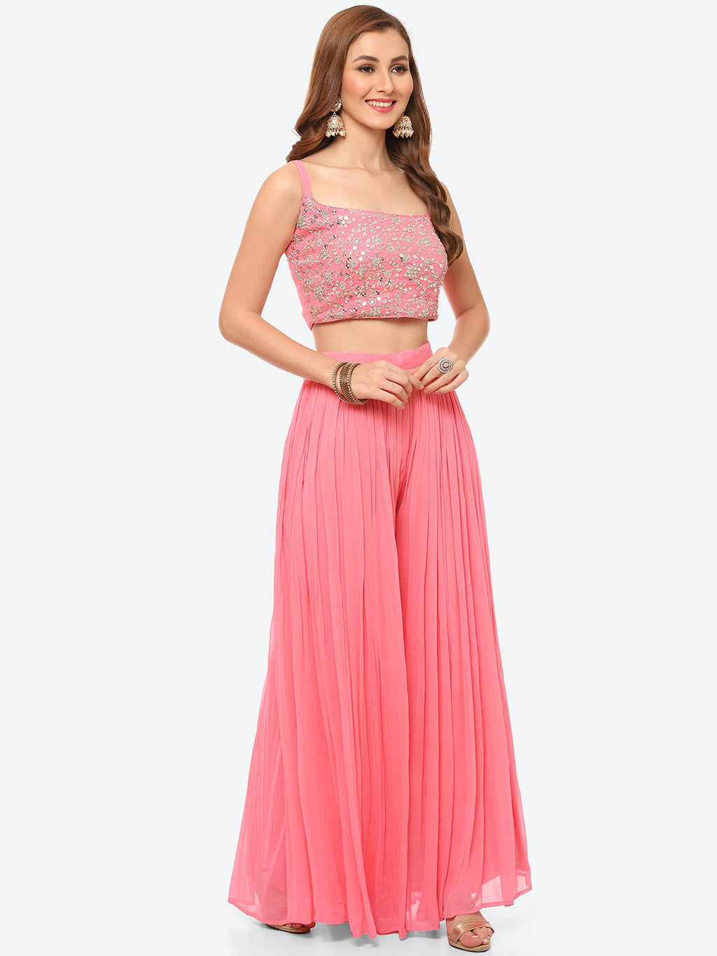 Zari Embroidered Booti Georgette Crop Top With Sharara & Jacket