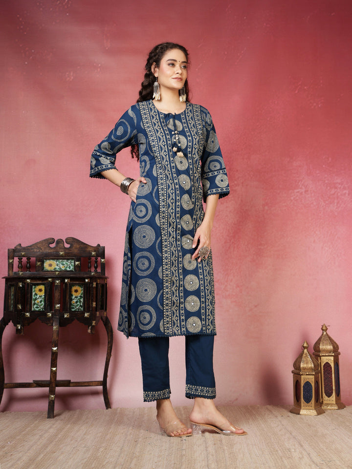 Teal Blue Cotton Blend Printed Straight Suit Set