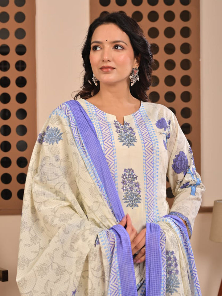 Cream Blue Cotton Blend Printed Straight Suit Set