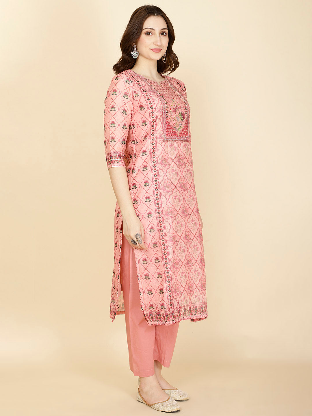 Abstract Printed Chanderi Kurta With Pants &amp; Dupatta