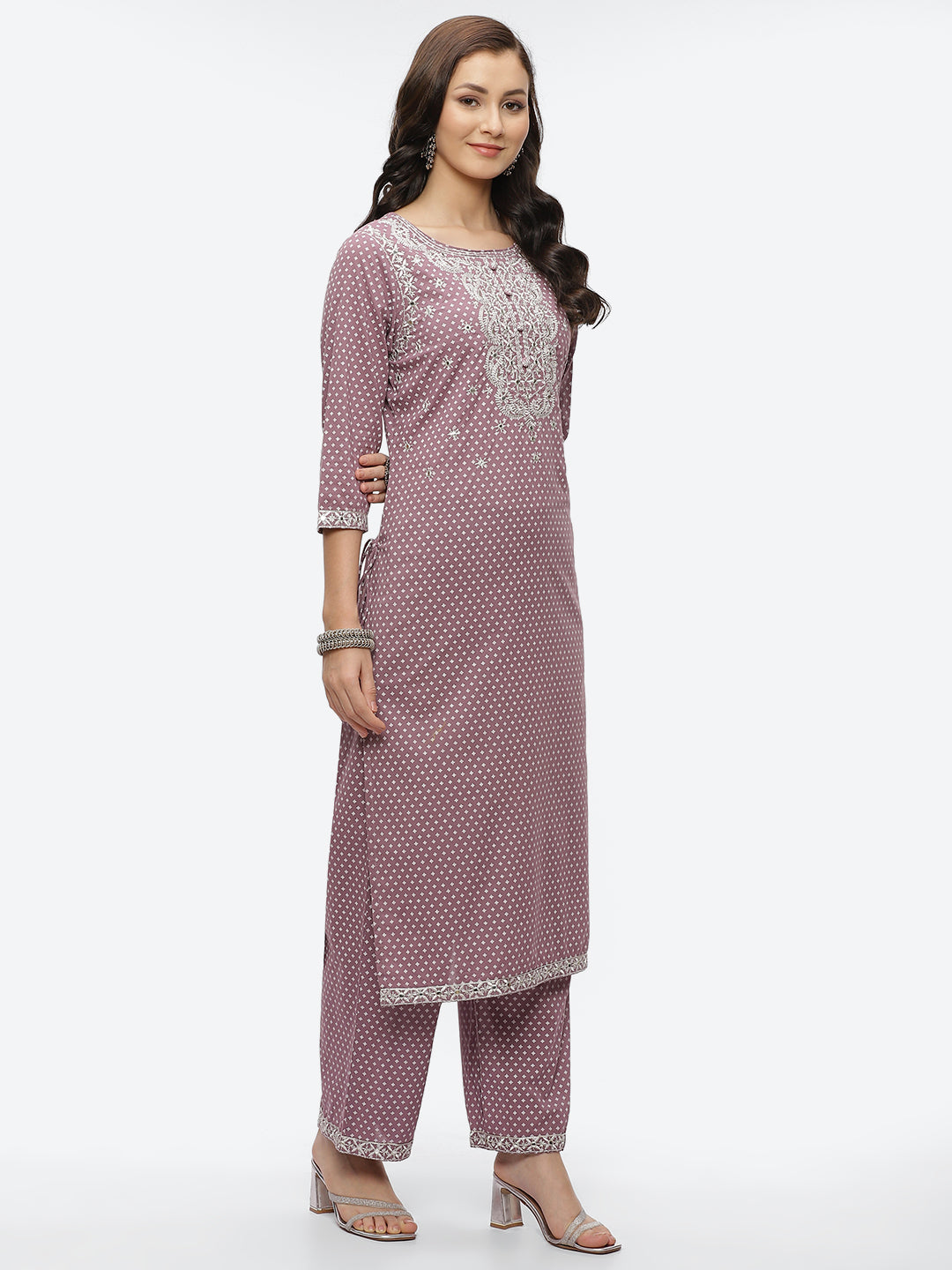 Mirror Neck Embroidered Cotton Kurta With Palazzo
