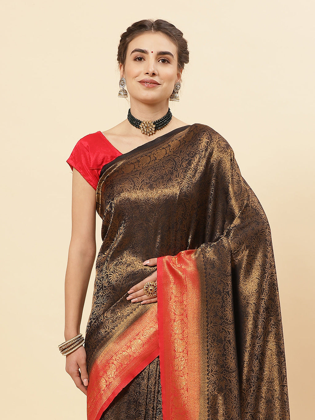 Brocade Zari Jaal Art Handloom Saree With Contrast Border
