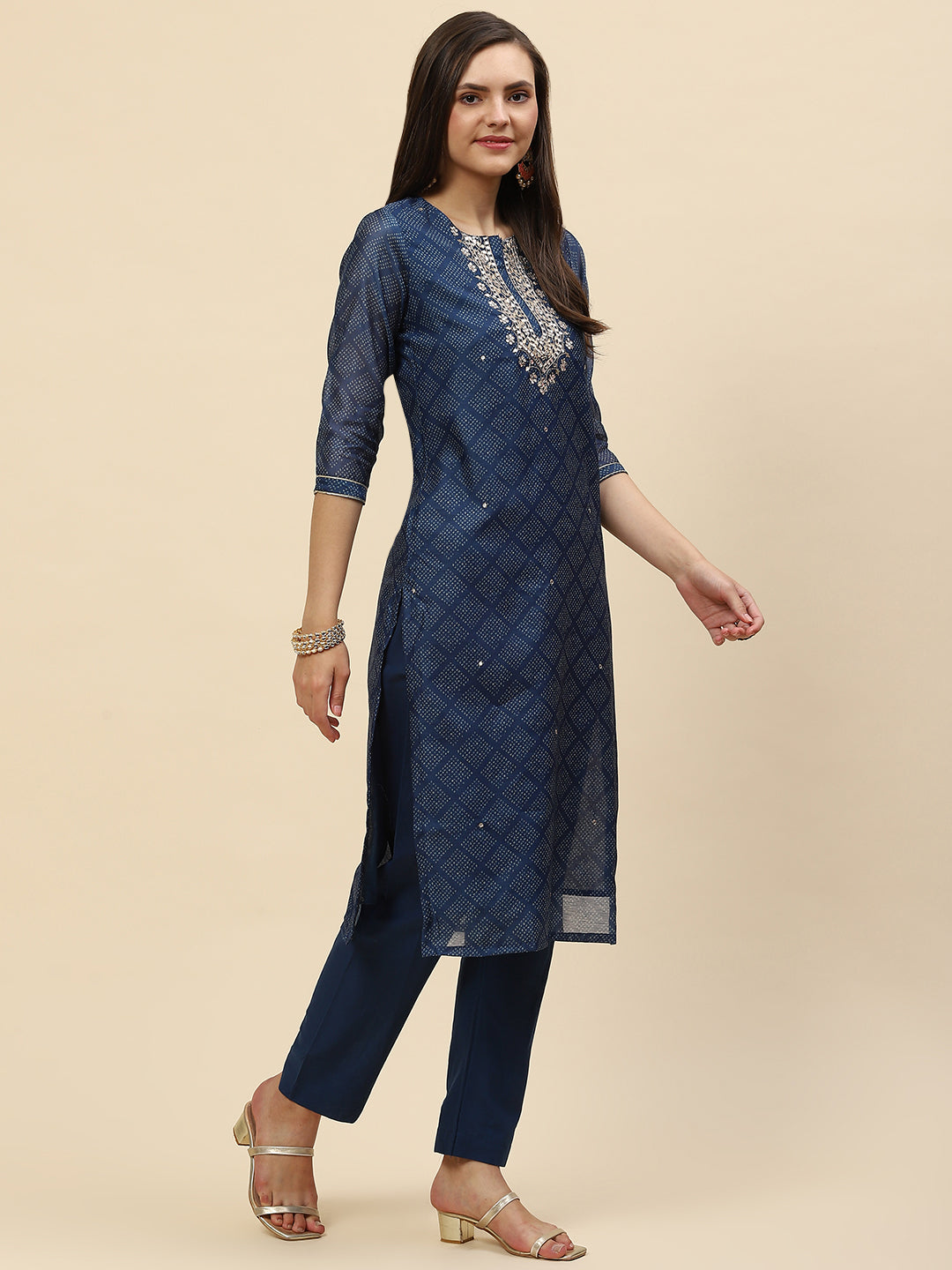 Mirror Embroidered &amp; Printed Chanderi Kurta With Pants